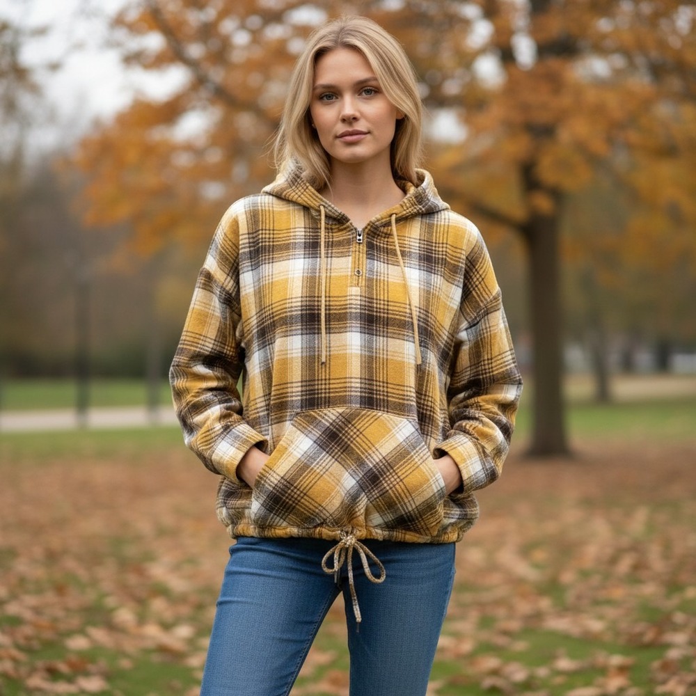 Kori America Flannel Half Button Pullover Yellow/Brown Sz L